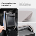 ACP12200 - Tesla Model Armrest Cover TO240H in Zen Gray showing the armrest cover being installed with close-up views of the edges fitting around the console lid.
