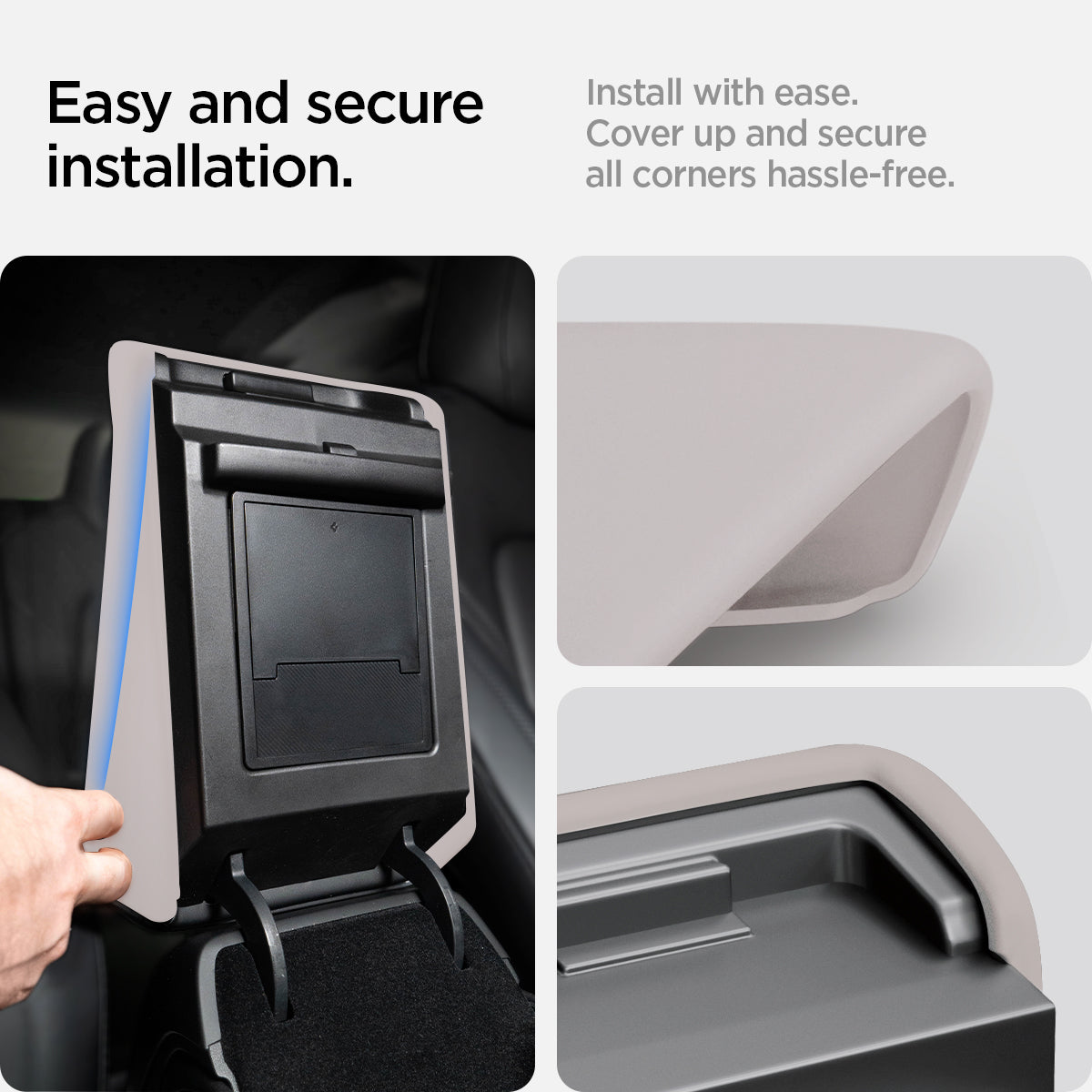 ACP12200 - Tesla Model Armrest Cover TO240H in Zen Gray showing the armrest cover being installed with close-up views of the edges fitting around the console lid.