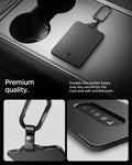 ACP07175 - Tesla key card holder with matte black finish and carabiner clip placed in Tesla center console showing premium build quality and close-up details of clip and card window