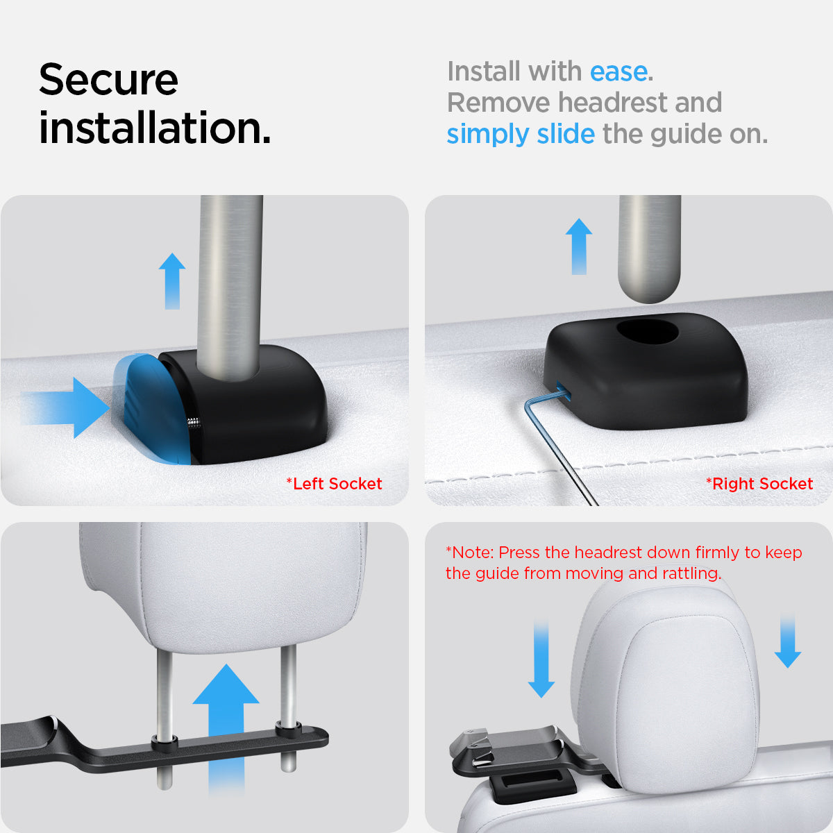 ACP06041 - Tesla Model Y Backseat Seatbelt Guide in black secure installation. Install with ease. Remove headrest and guide simply slide the guide on. Note : press the headrest down firmly to keep the guide from moving and ratting.