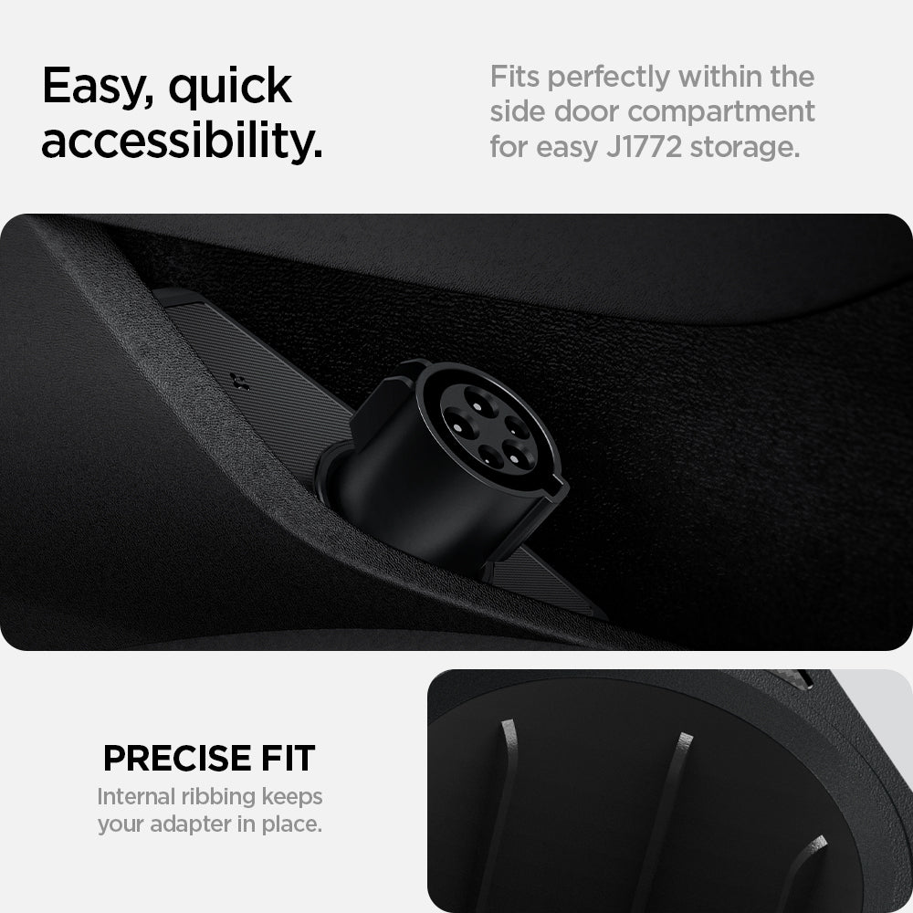 ACP08849 - Tesla Charging Adapter Door Dock TO252 in Black showing the easy quick accessibility, fits perfectly within the side door compartment for easy J1772 storage, precise fit internal ribbing keeps your adpater in place