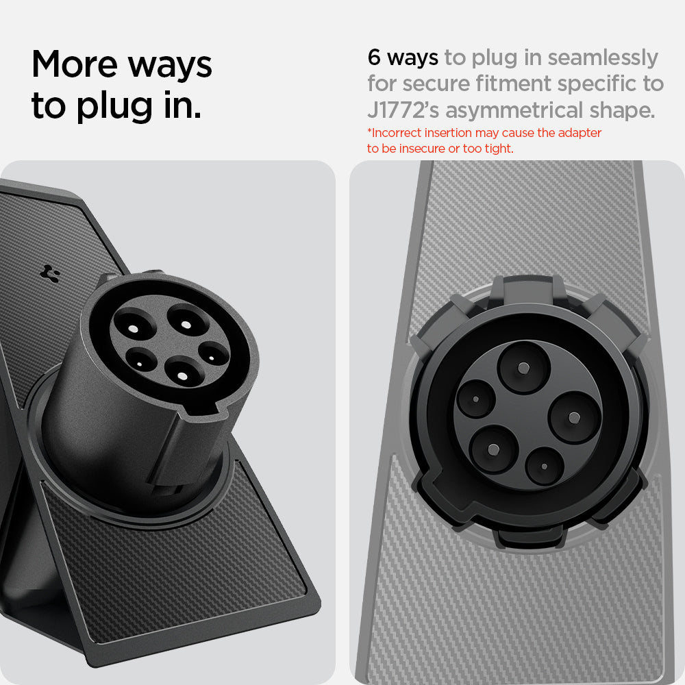 ACP08849 - Tesla Charging Adapter Door Dock TO252 in Black showing the more ways to plug in, 6 ways to plug in seamlessly for secure fitment specific to J1772's asymmetrical shape