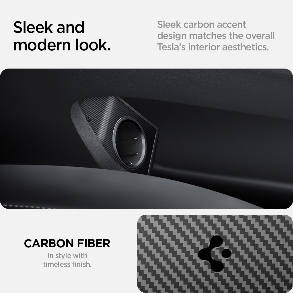 ACP09180 - Tesla Charging Adapter Door Dock TO255 in Black showing the sleek and modern look. Sleek carbon accent design matches the overall Tesla's interior aesthetics. Carbon fiber in style with timeless finish
