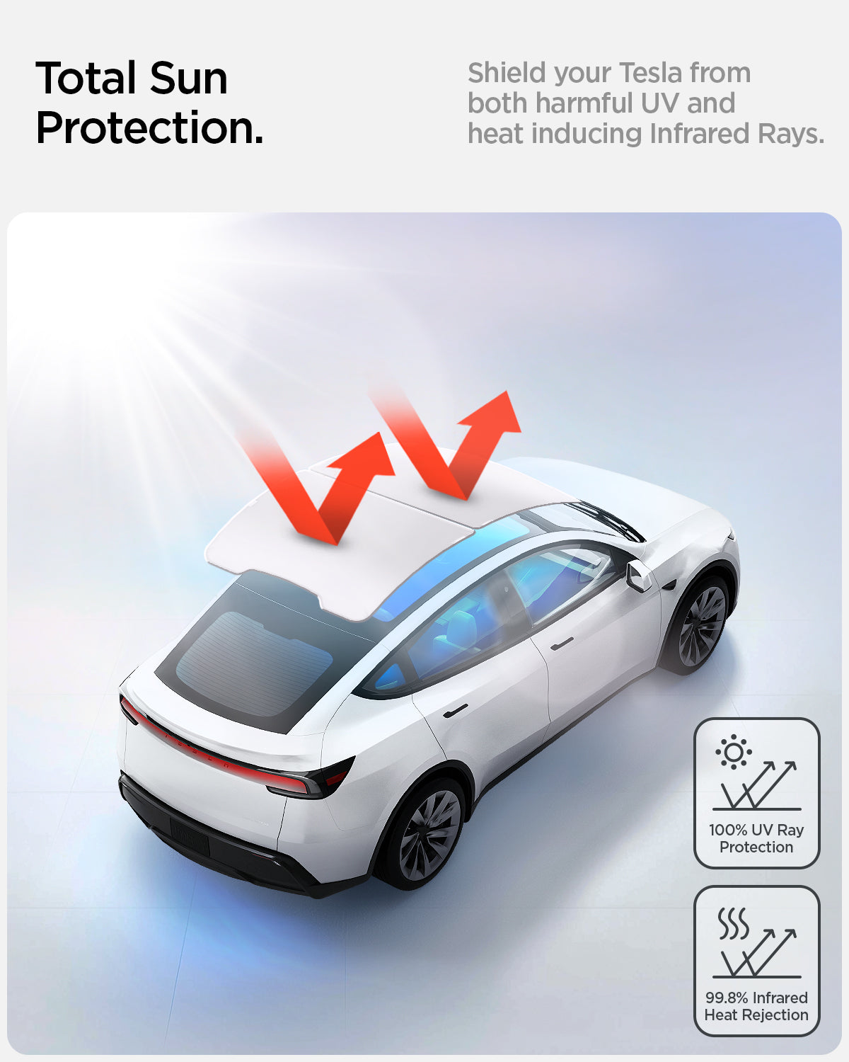 ACP09568 - Model Y (2025) CryoShade Sunroof in Gray showing the total Sun Protection. Shield your Tesla from both harmful UV and heat inducing infrared Rays. 100% UV Ray Protection and 99.8% infrared Heat Rejection