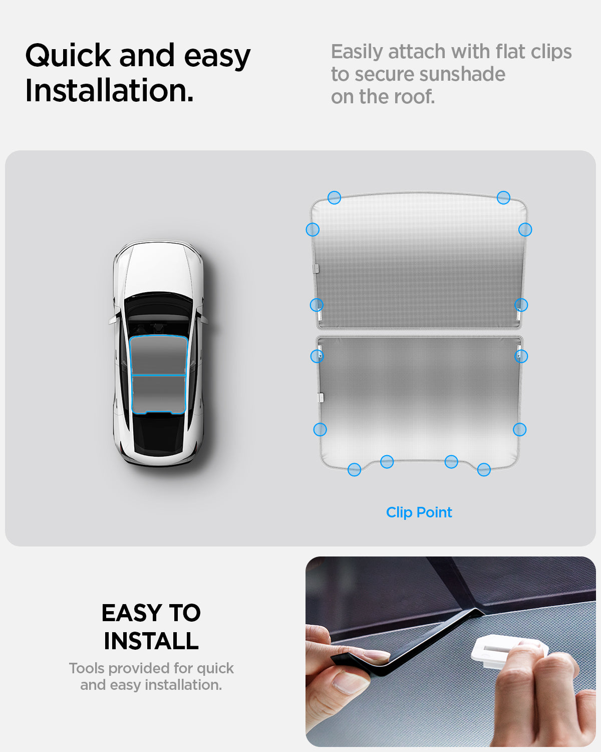 ACP09568 - Model Y (2025) CryoShade Sunroof in Gray showing the quick and easy installation. Easily attach with flat clips to secure sunshade on the roof. Tools provided for quick and easy installation.