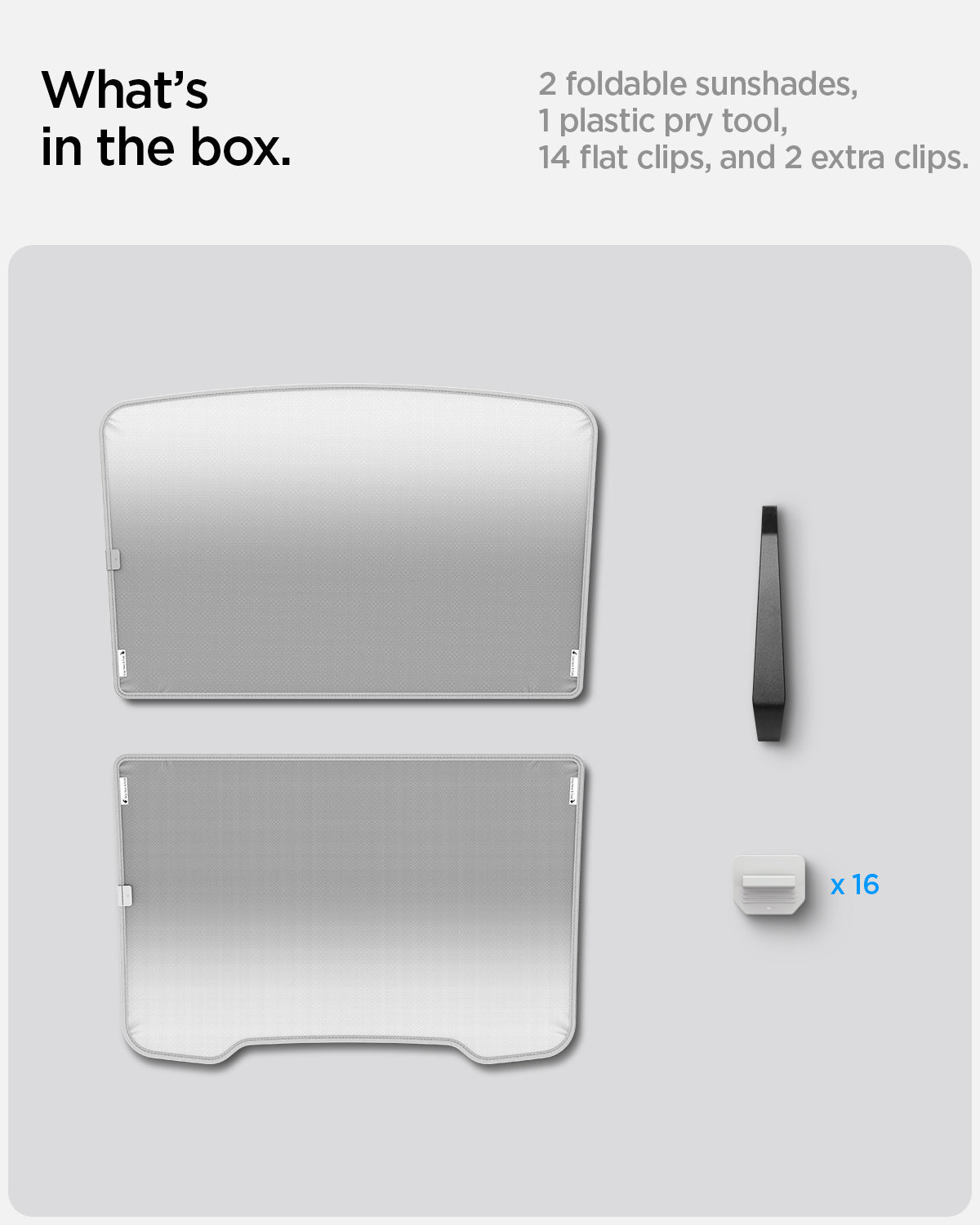 ACP09568 - Model Y (2025) CryoShade Sunroof in Gray showing what's in the box. 2 foldable sunshades, 1 plastic pry tool, 14 flat clips, and 2 extra clips