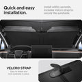 ACP09094 - Tesla Model X TO263 (2022-2025) Cryoshade in black quick and easy installation. install within seconds, includes Velcro strap to secure the sunshade. Velcro strap. easy to fasten and lock sunshade in place.