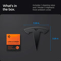 ACP08547 - Tesla Model 3 Highland Front Emblem Logo Cover TO321H in Black showing what's in the box, includes 1 cleaning wipe and 1 model 3 highland front emblem cover
w=3.39 in x h=3.26 in