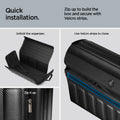 ACP08855 - Trunk Organizer TSO100 in Black showing the quick installation, zip up to build the box and secure with Velcro strips, unfold the organizer, zip it up use velcro strips to close