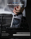 AFA11304 - Ultra Hybrid MagFit card wallet transparent black on phone sliding into back pocket showing slim profile non slip silicone grip and everyday carry readiness