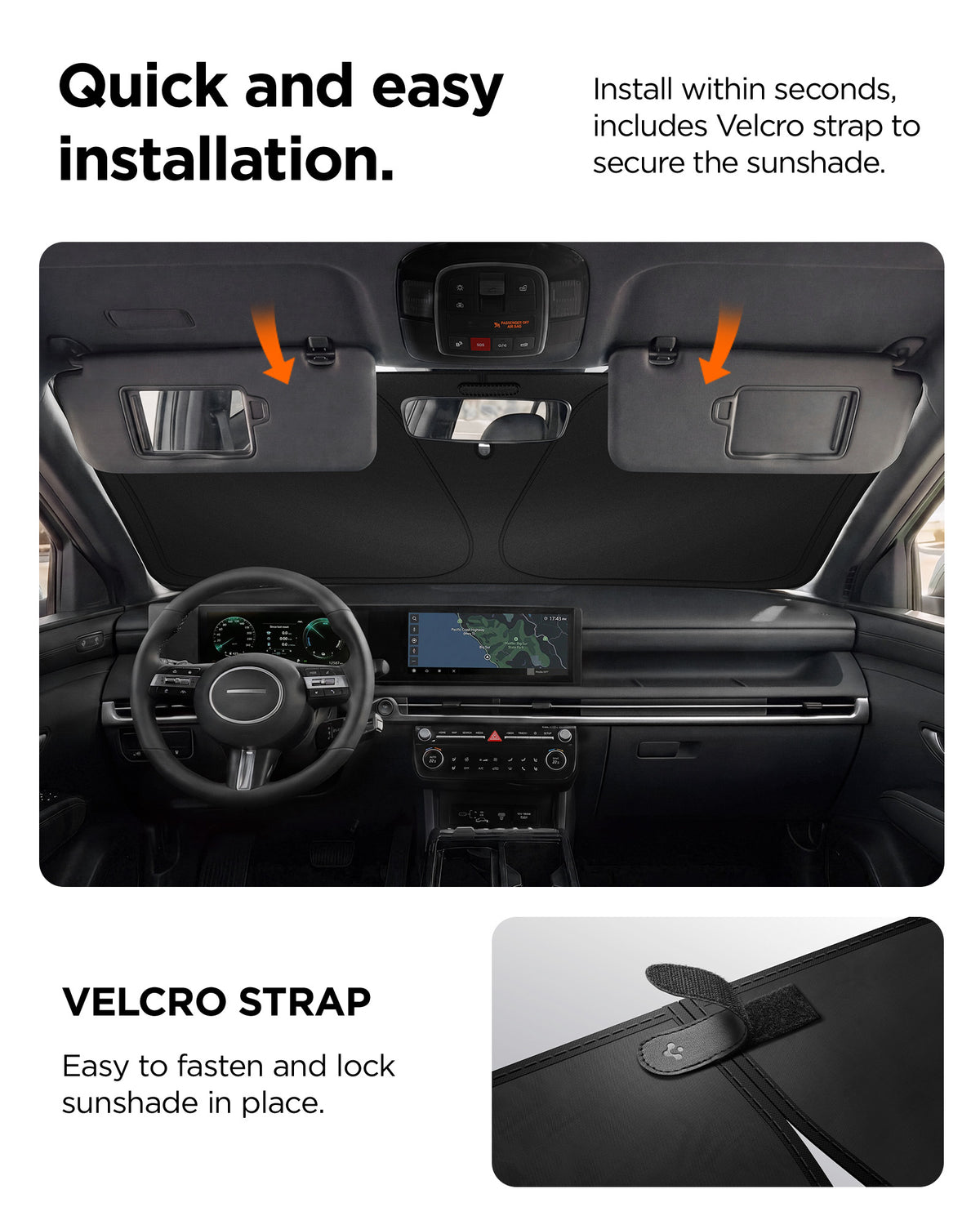 ACP11460 - Universal CryoShade UO260 M showing sunshade tucked behind sun visors inside car cabin with velcro strap detail and installation steps below