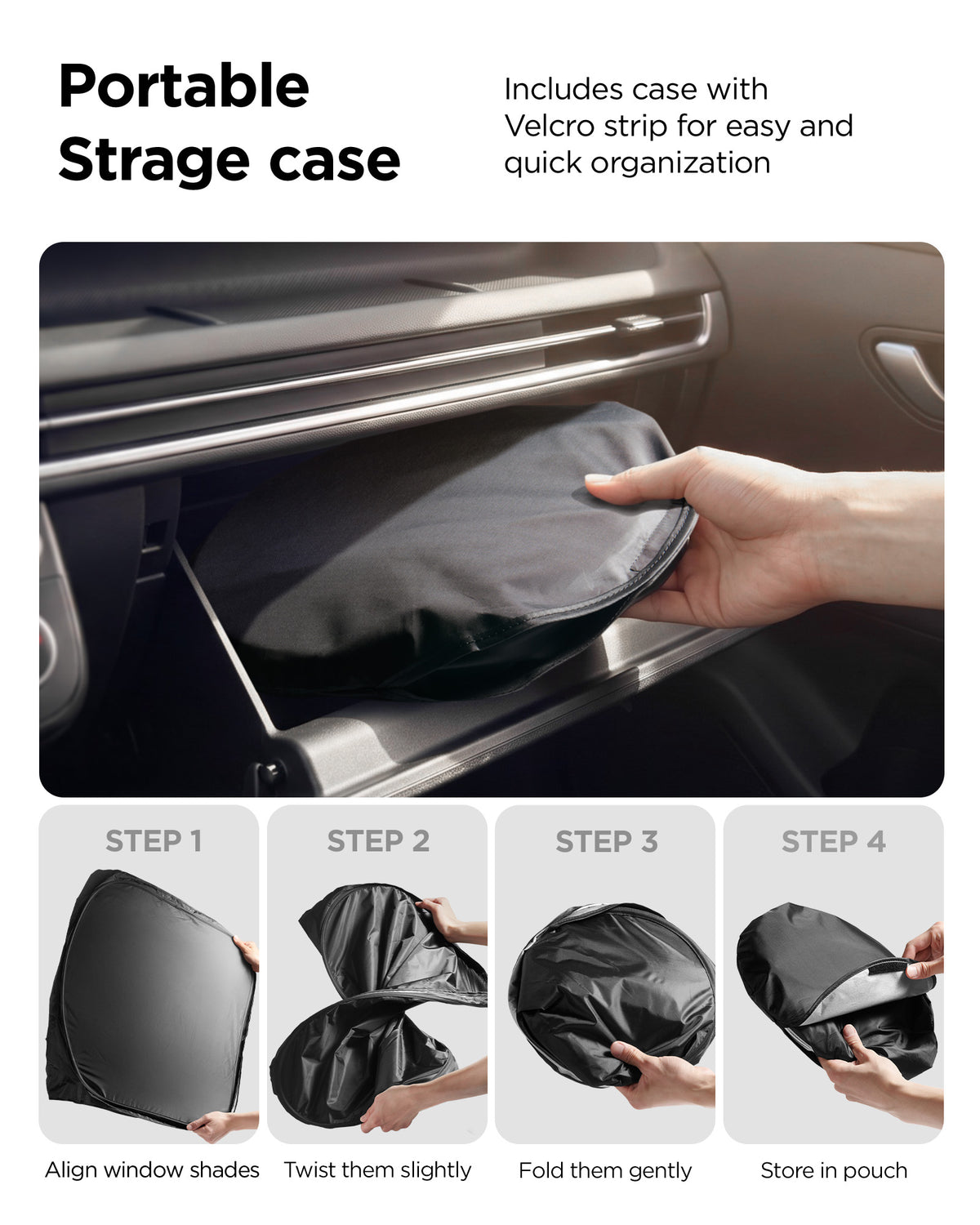 ACP11460 - Universal CryoShade UO260 M showing four-step folding and storage process with pouch being placed into car glove compartment
