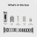 061MP25943 - Apple Watch Series 11/10 42mm, 9/8/7 41mm, SE3/SE2/SE/6/5/4 40mm, 3/2/1 38mm Modern Fit Silver showing what's in the box. Removal tool. extra band, extra spring bar, extra pins, extra removal pin