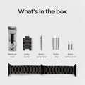 062MP25403 - Apple Watch Ultra 3/2/Ultra 49mm, Series 11/10 46mm, 9/8/7 45mm, SE3/SE2/SE/6/5/4 44mm, 3/2/1 42mm Modern Fit Black showing what's in the box. Removal tool. extra band, extra spring bar, extra pins, extra removal pin
