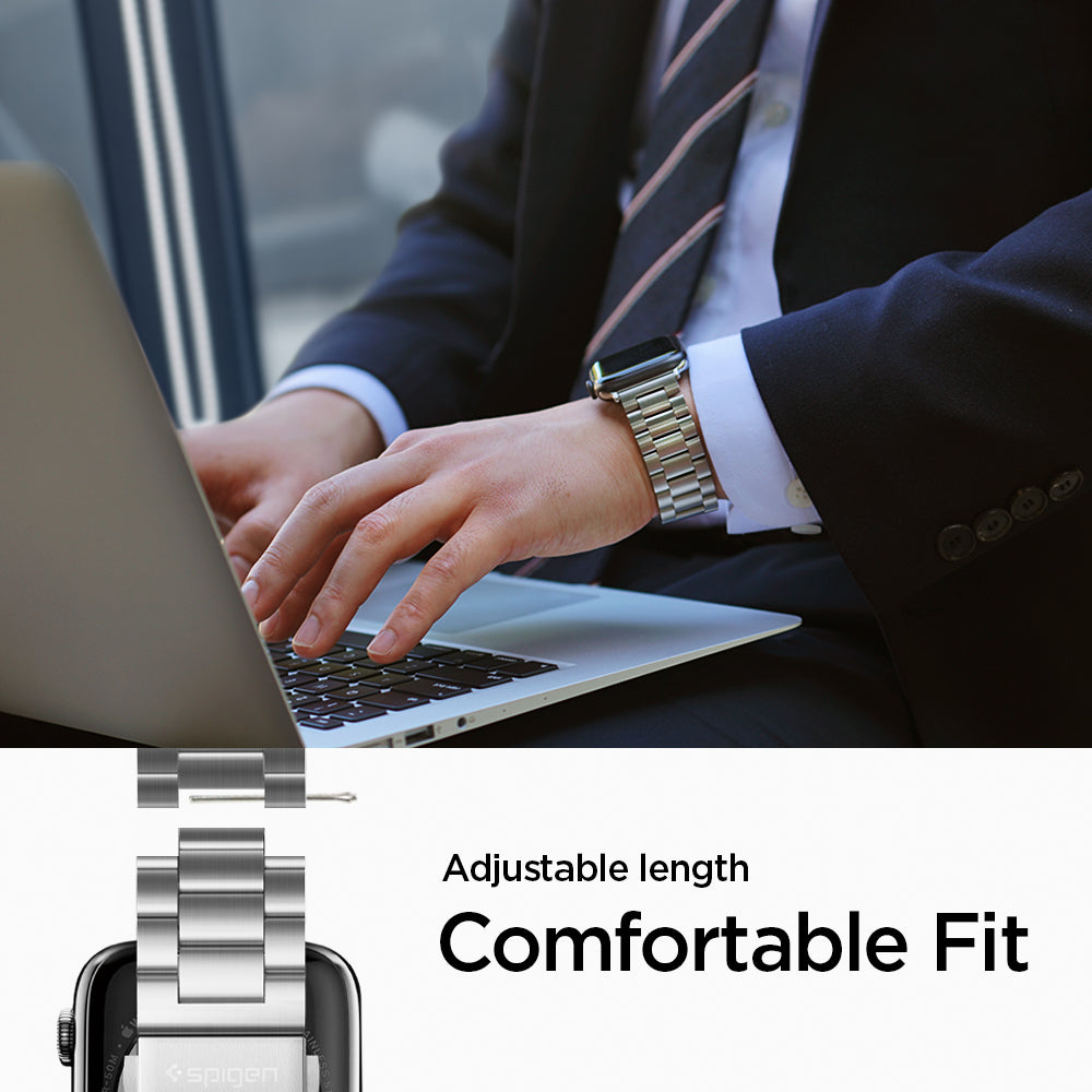 062MP25404 - Apple Watch Ultra 3/2/Ultra 49mm, Series 11/10 46mm, 9/8/7 45mm, SE3/SE2/SE/6/5/4 44mm, 3/2/1 42mm Modern Fit  Silver showing adjustable length. comfortable fit.