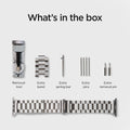 062MP25404 - Apple Watch Ultra 3/2/Ultra 49mm, Series 11/10 46mm, 9/8/7 45mm, SE3/SE2/SE/6/5/4 44mm, 3/2/1 42mm Modern Fit  Silver showing what's in the box. Removal tool. extra band, extra spring bar, extra pins, extra removal pin