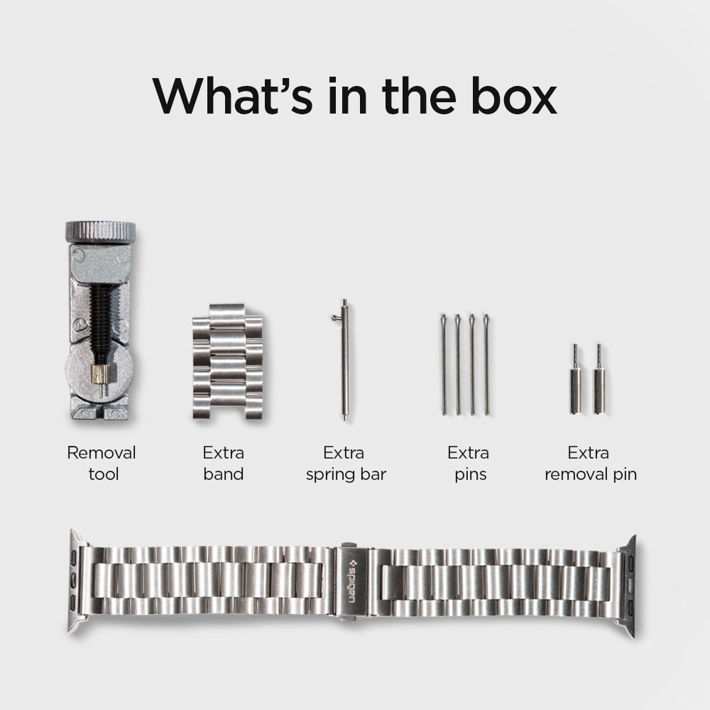 062MP25404 - Apple Watch Ultra 3/2/Ultra 49mm, Series 11/10 46mm, 9/8/7 45mm, SE3/SE2/SE/6/5/4 44mm, 3/2/1 42mm Modern Fit  Silver showing what's in the box. Removal tool. extra band, extra spring bar, extra pins, extra removal pin