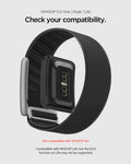 AMP10187 - WHOOP 5.0 compatible woven band shown with device module installed highlighting compatibility notice for WHOOP 5.0 One Peak and Life models and indicating not compatible with WHOOP 4.0 while noting limited ECG support on WHOOP Life