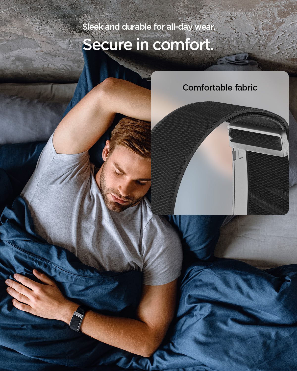 AMP10187 - WHOOP 5.0 fabric band worn during sleep highlighting soft breathable material for secure all-day and overnight comfort