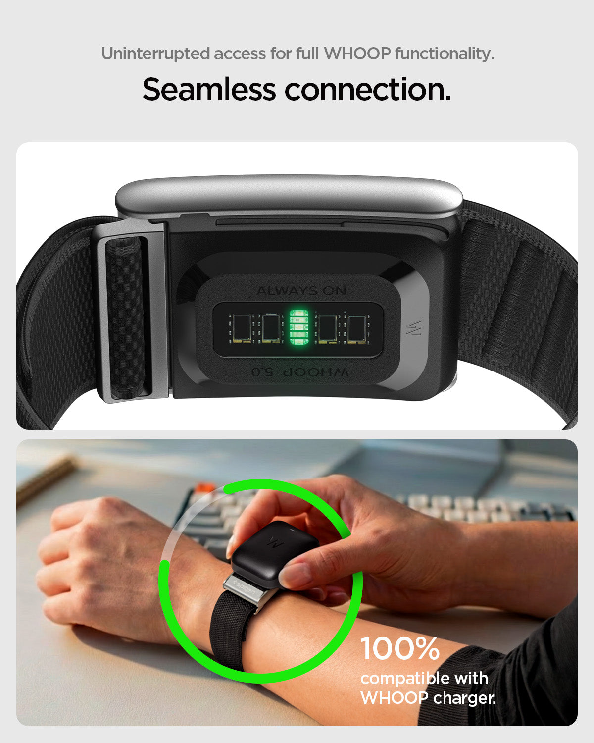 AMP10187 - WHOOP 5.0 fabric band showing seamless sensor connection and on-wrist charging compatibility for uninterrupted tracking