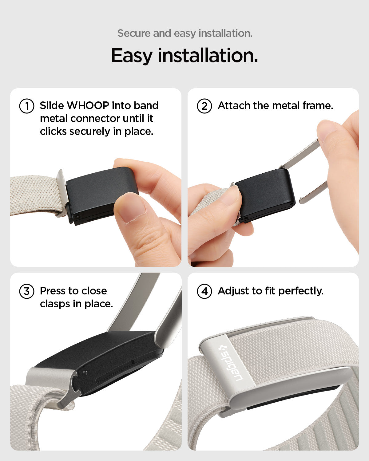 AMP10188 - WHOOP 5.0 woven band easy installation guide showing step by step process sliding tracker into connector attaching metal frame pressing clasps and adjusting for perfect fit
