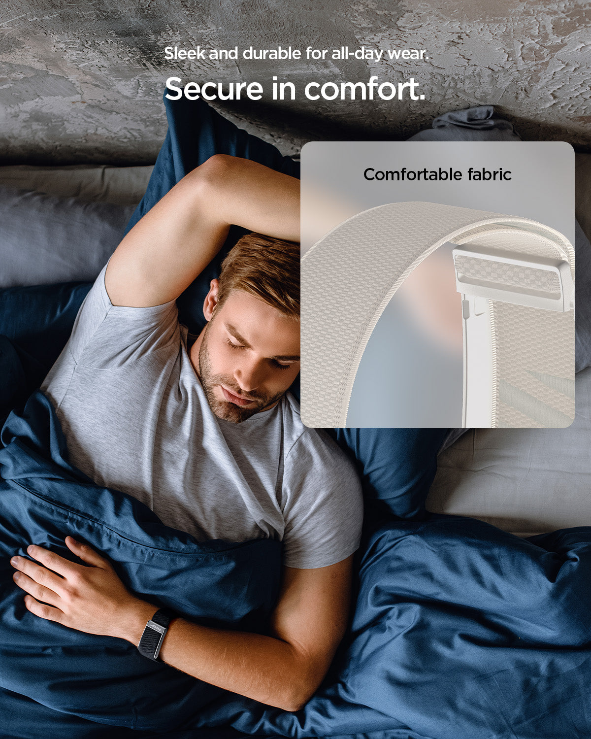 AMP10188 - WHOOP 5.0 fabric band worn during sleep highlighting soft breathable material for secure all-day and overnight comfort