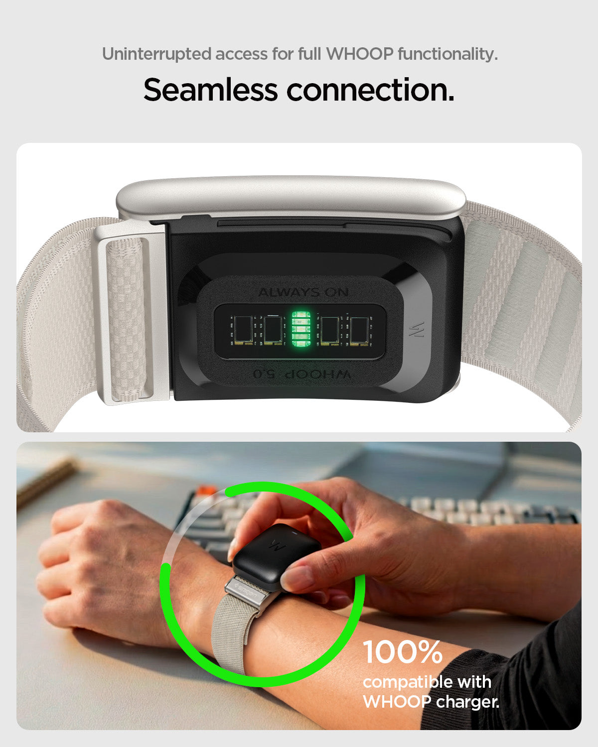 AMP10188 - WHOOP 5.0 fabric band showing seamless sensor connection and on-wrist charging compatibility for uninterrupted tracking