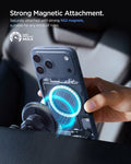ACP10513 - Spigen Essential Qi2 Wireless Car Charger showing strong magnetic attachment with N52 magnets and phone alignment