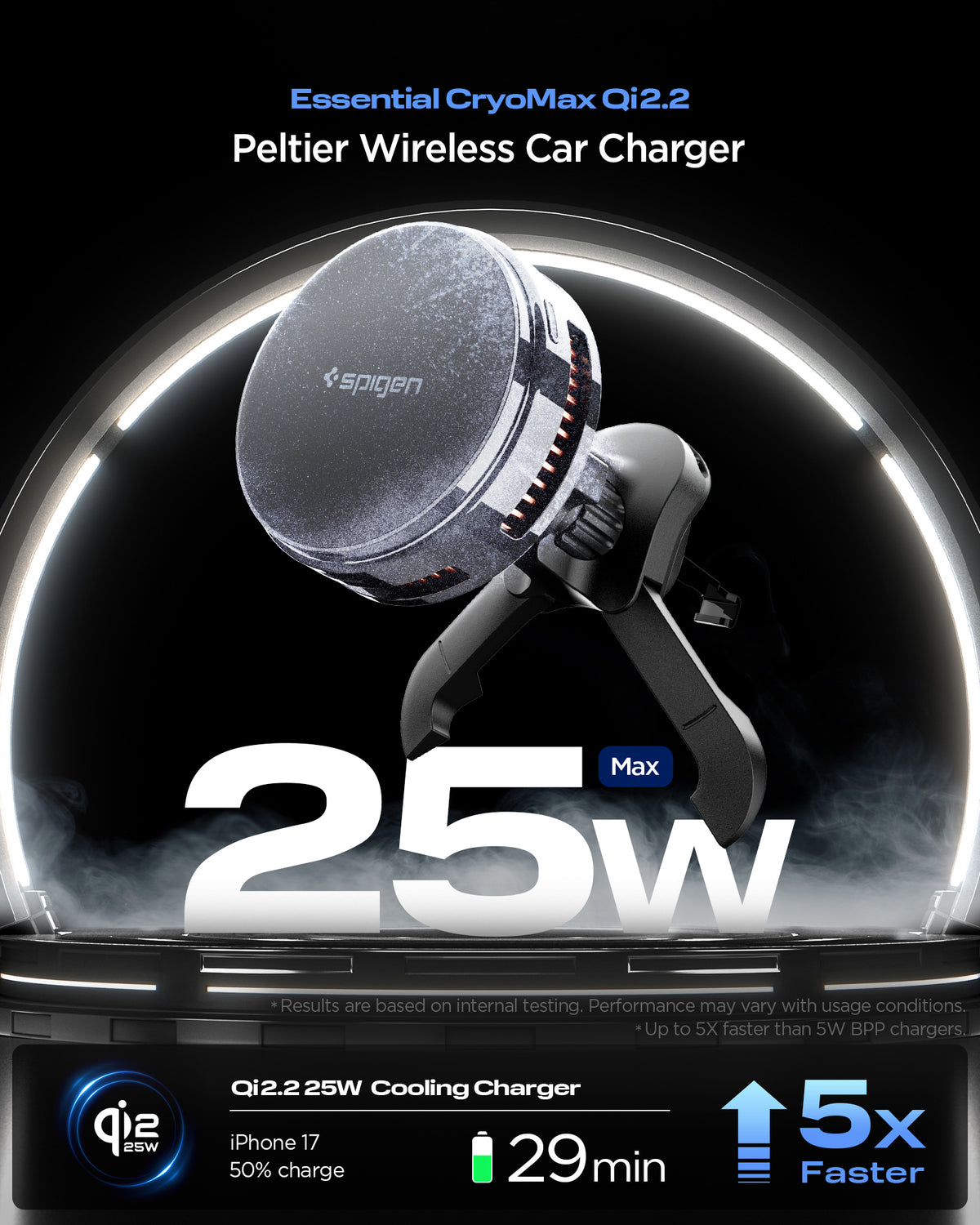 ACP10511 - Spigen Essential Qi2.2 Hook Car Mount (Mag Fit) showing the peltier wireless car charger