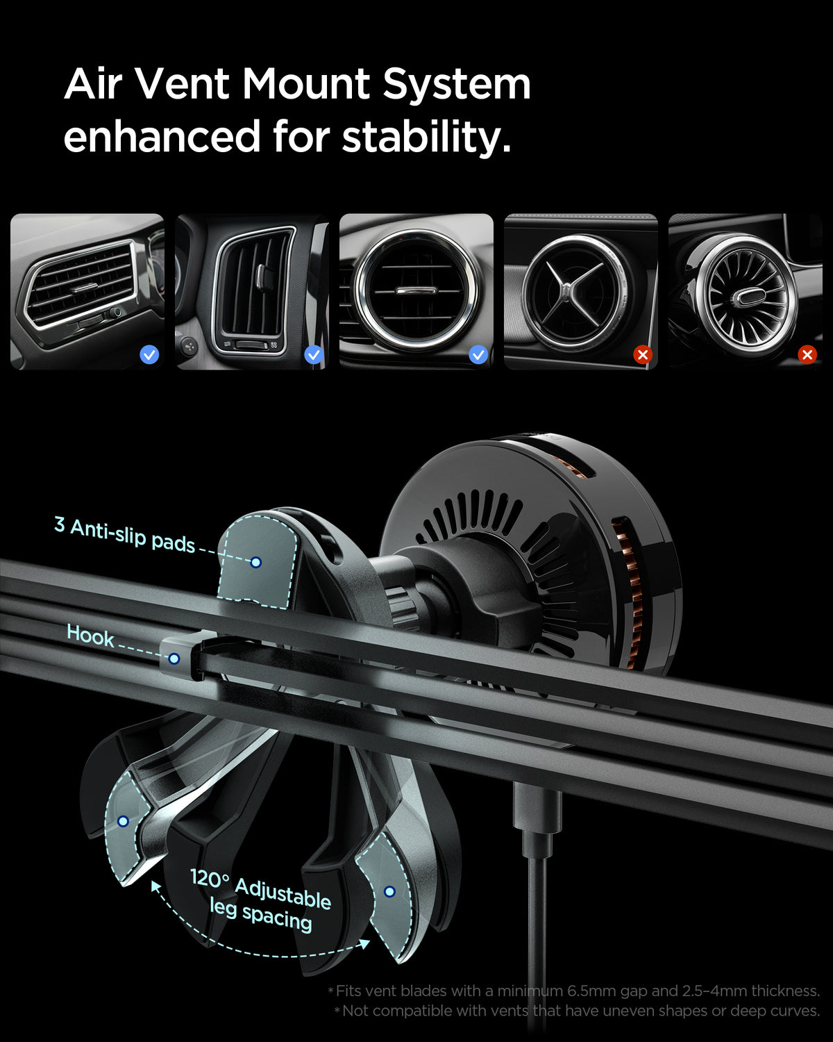 ACP10511 - Spigen Essential Qi2.2 Hook Car Mount (Mag Fit) showing the air vent mount system enhanced for stability