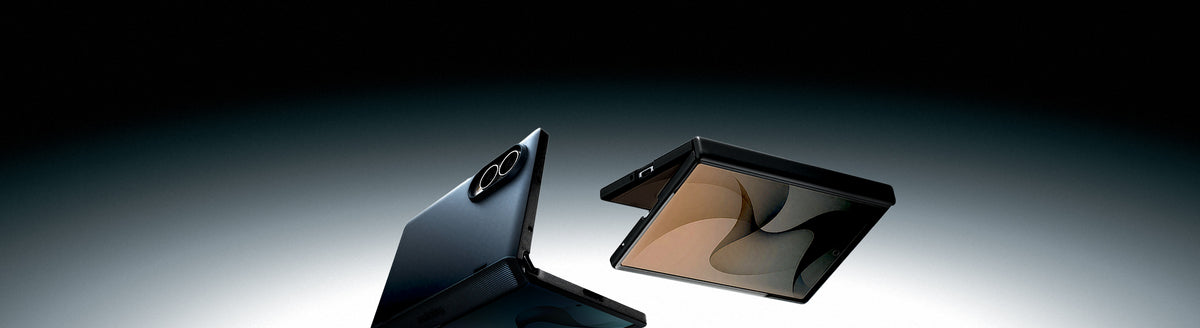 Two Samsung Galaxy Z Fold devices in Spigen cases shown open and closed on a dark gradient background