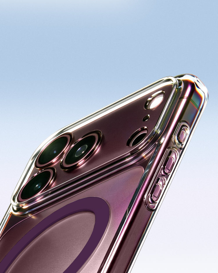 Close-up of a clear Spigen case on a deep cherry iPhone, showing the camera lenses and white MagSafe charging ring