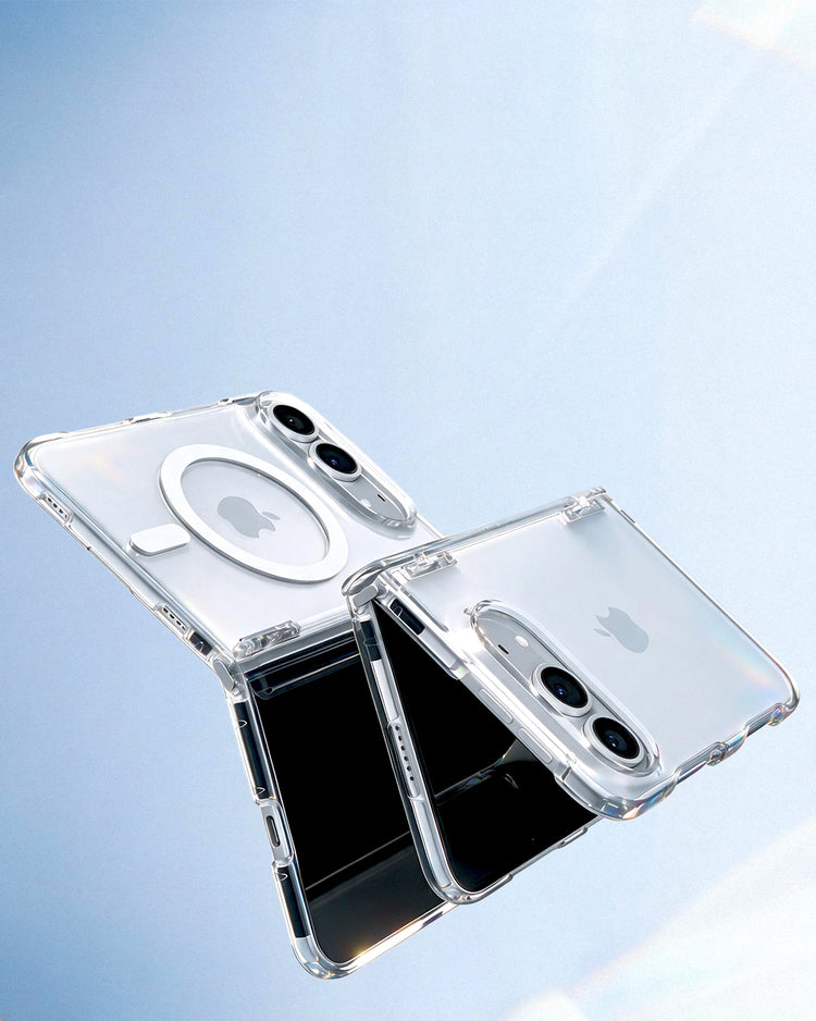 Two iPhone Ultra in clear Spigen cases with MagSafe ring, crossed against a blue background
