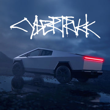 Showing a Tesla Cybertruck with the rear lights glowing and Cybertruck written out on top