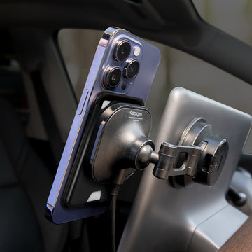 Showing a Spigen Magft Car mount on a tesla screen holding an iPhone.