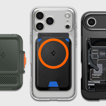 Showing the Spigen LockFit in green on the left, iPhone with Valentinus MagFit+ card holder in the middle, and iPhone with ZeroOne card holder on the right.