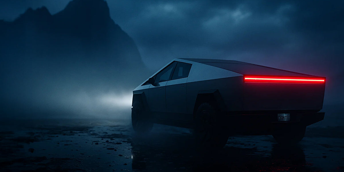 Tesla Cybertruck side and back view with headlights on facing a mountain
