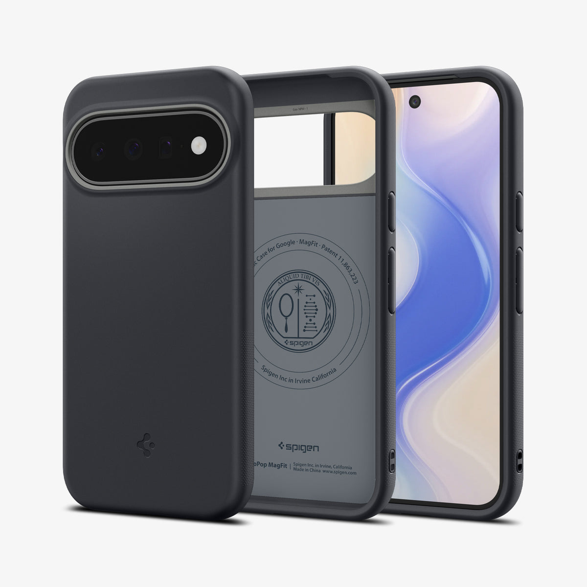 ACS11445 - Pixel 11 Nano Pop (Mag Fit) Black Sesame front and back angled views show the slim profile, precise fit, and built in magnetic construction.