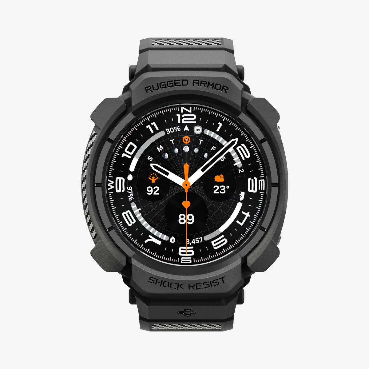 ACS11612 - Galaxy Watch Ultra Series - Rugged Armor Pro  showing the Galaxy Watch Ultra with the Rugged Armor Pro case in Gray, front view on white background with "Rugged Armor" and "Shock Resist" text on the bumper.