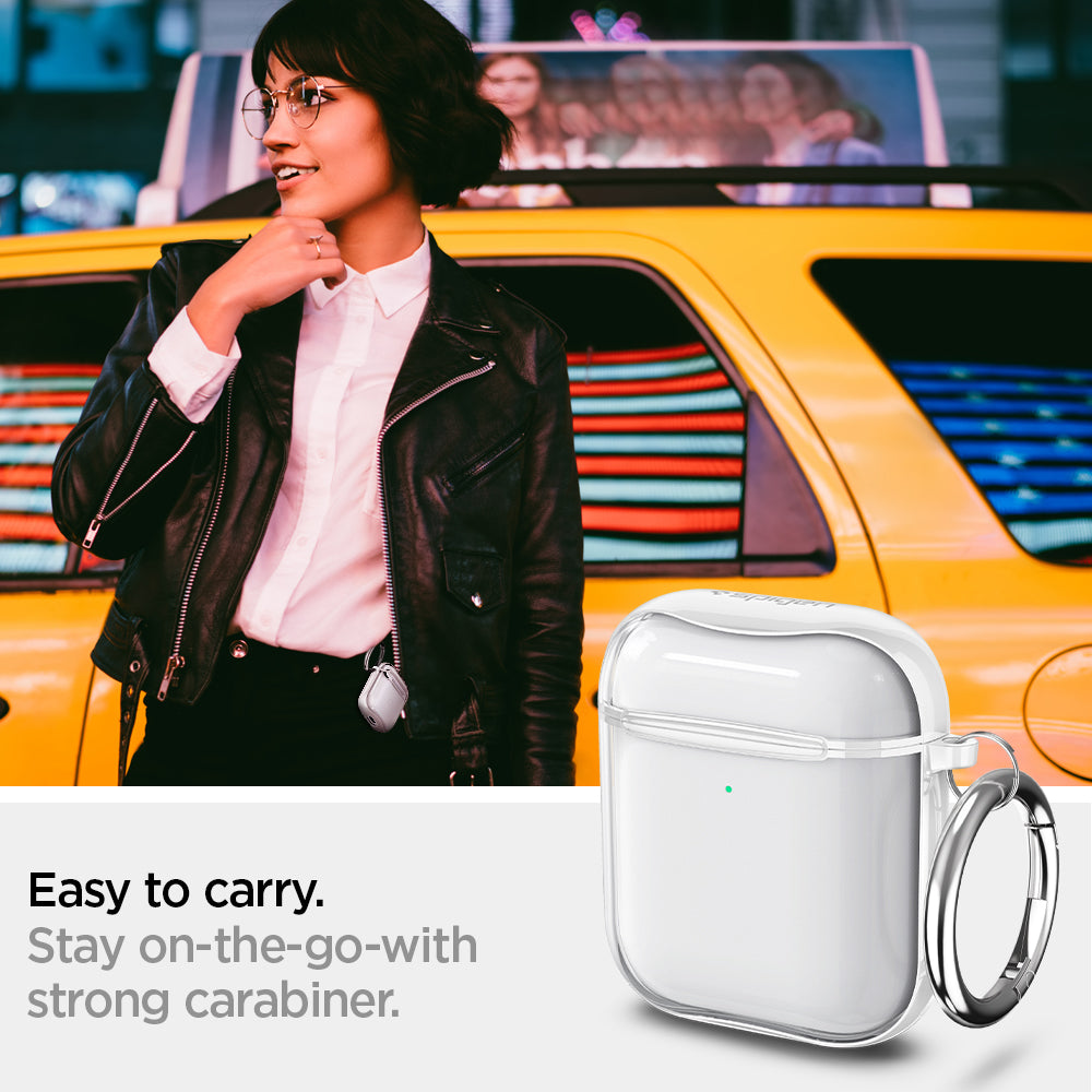 ASD01301 - Apple AirPods 1 / 2 Case Ultra Hybrid in jet white showing the easy to carry. Stay on-the-go with strong carabiner