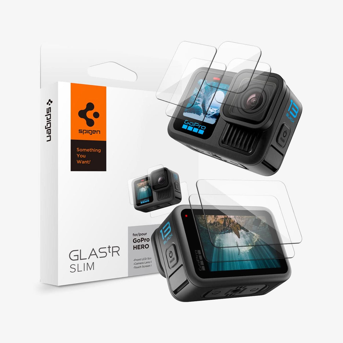 AGL09189 - HERO13 Black Glas.tR SLIM in Clear showing the front and back of device, screen protectors and packaging