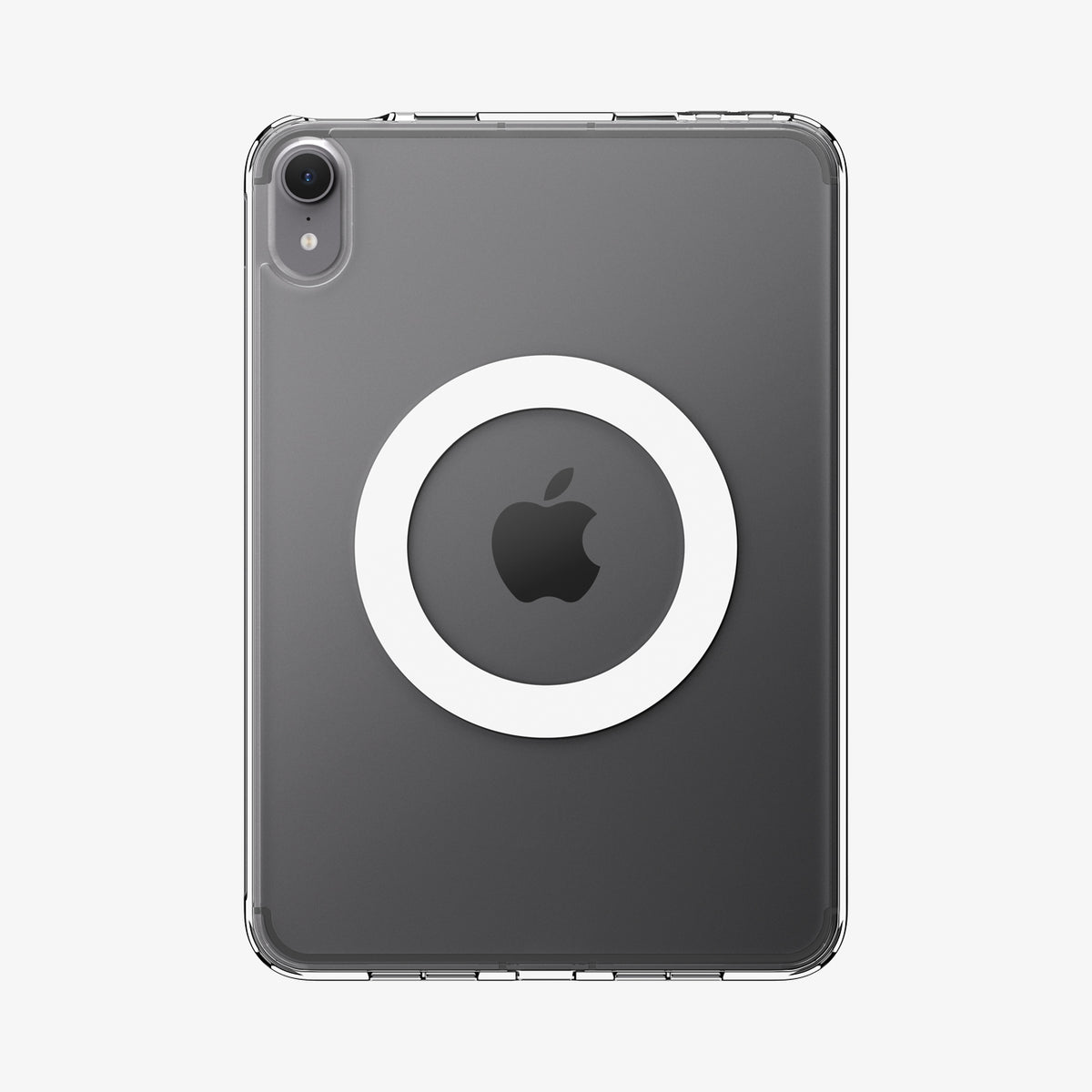 ACS11623 - Back of the clear white Spigen case for iPad Mini showing a built-in magnetic ring around the Apple logo for MagSafe compatibility