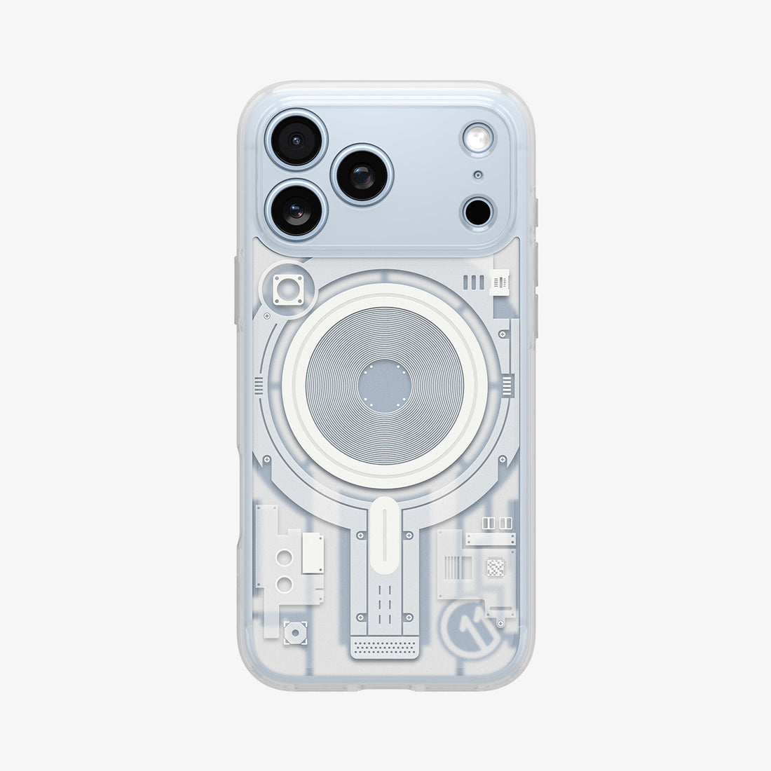 ACS12307 - Straight-on back view of a blue iPhone Pro in the clear Spigen c11 Element MagFit case with the MagSafe ring print
