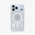 ACS12307 - Straight-on back view of a blue iPhone Pro in the clear Spigen c11 Element MagFit case with the MagSafe ring print