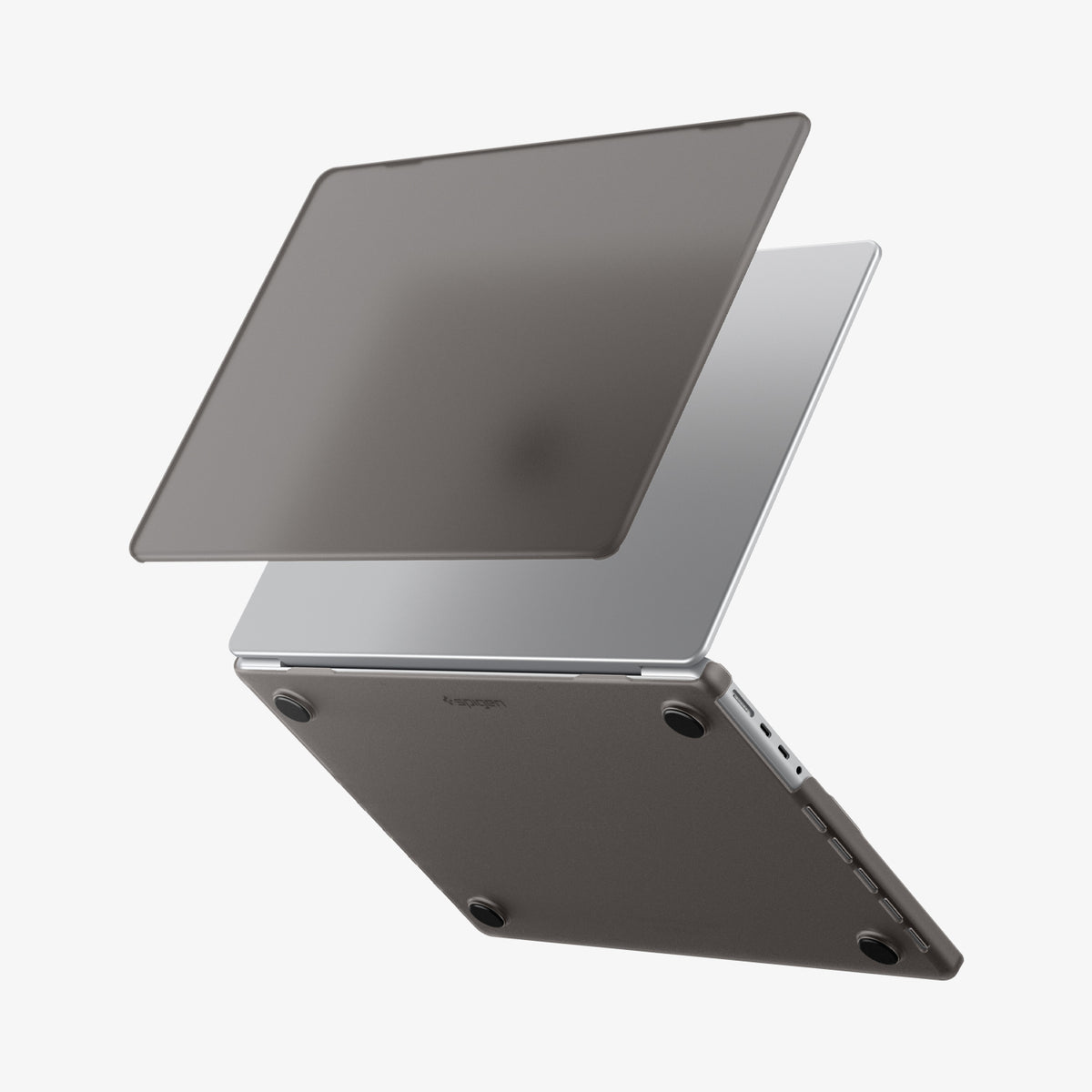 ACS11529 - MacBook Pro 14-inch Air Skin in Frost Black showing the top shell of the Frost Black case lifting away from the MacBook to illustrate the two-piece snap-on design