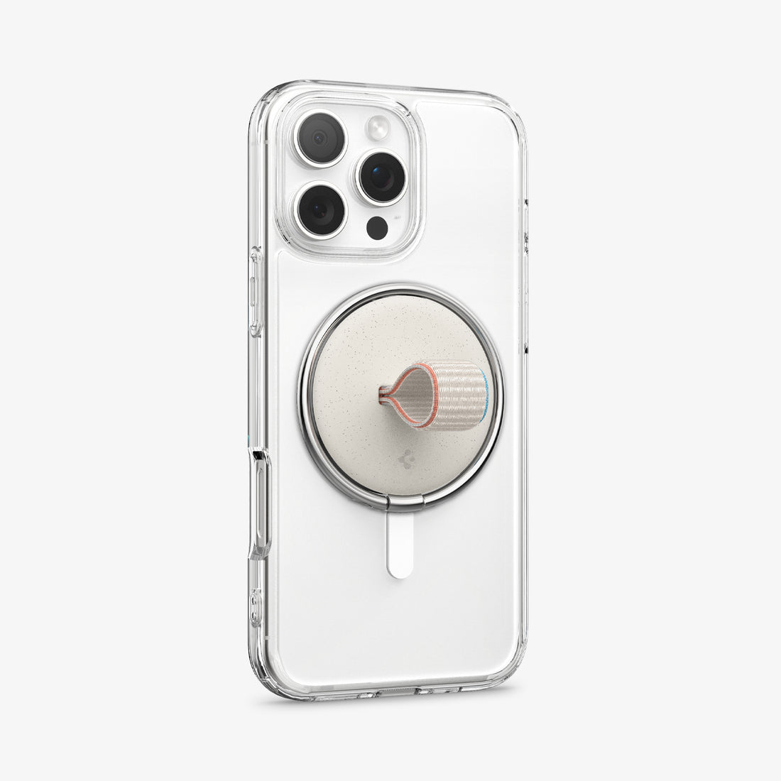 AMP09176 - O-Mag Magnetic Phone Holder (MagFit) OM104 in Dune Beige showing the back and partial side of the device with o-magring attached at  the back