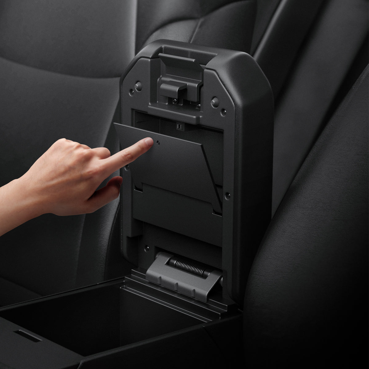 ACP09215 - Toyota Series - Center Console Hidden Storage Box | TYO221 showing a person attempting to close the cover of inner compartment