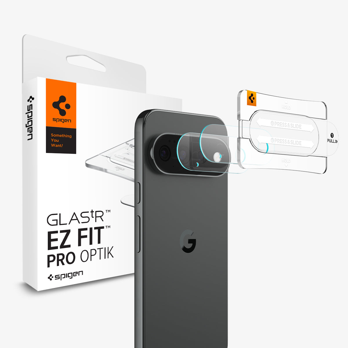AGL11484 - Pixel 11 Pro  Optik EZ Fit Lens Protector lens protector set with alignment tray positioned over the rear camera lenses.