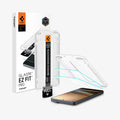 AGL11068 - Galaxy S26 Ultra GLAS.tR EZ Fit Pro showing the installation tray hovering above the 2 screen protector and the device, beside it is another installation tray with case