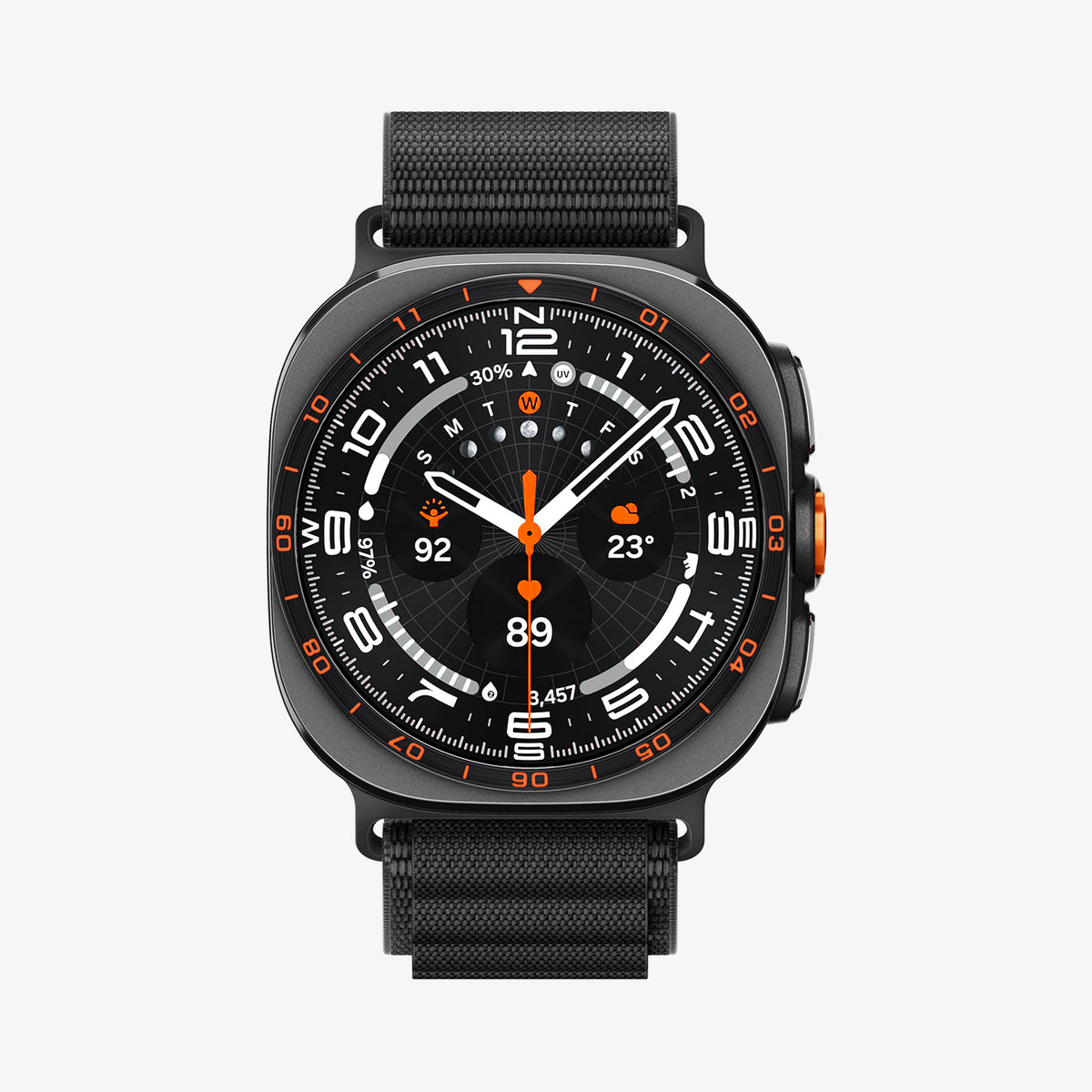 AMP11613 - Galaxy Watch Ultra Series - WBF1 showing the Galaxy Watch Ultra with the WBF1 nylon band in Black, front view on white background.